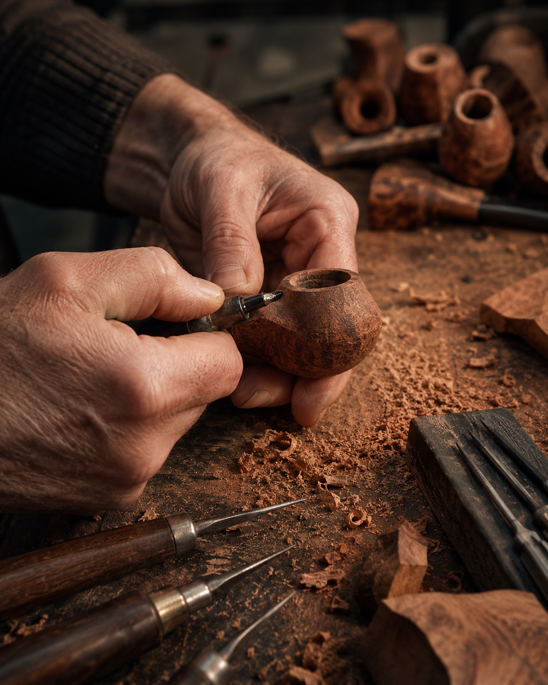 Hands shaping a handmade pipe