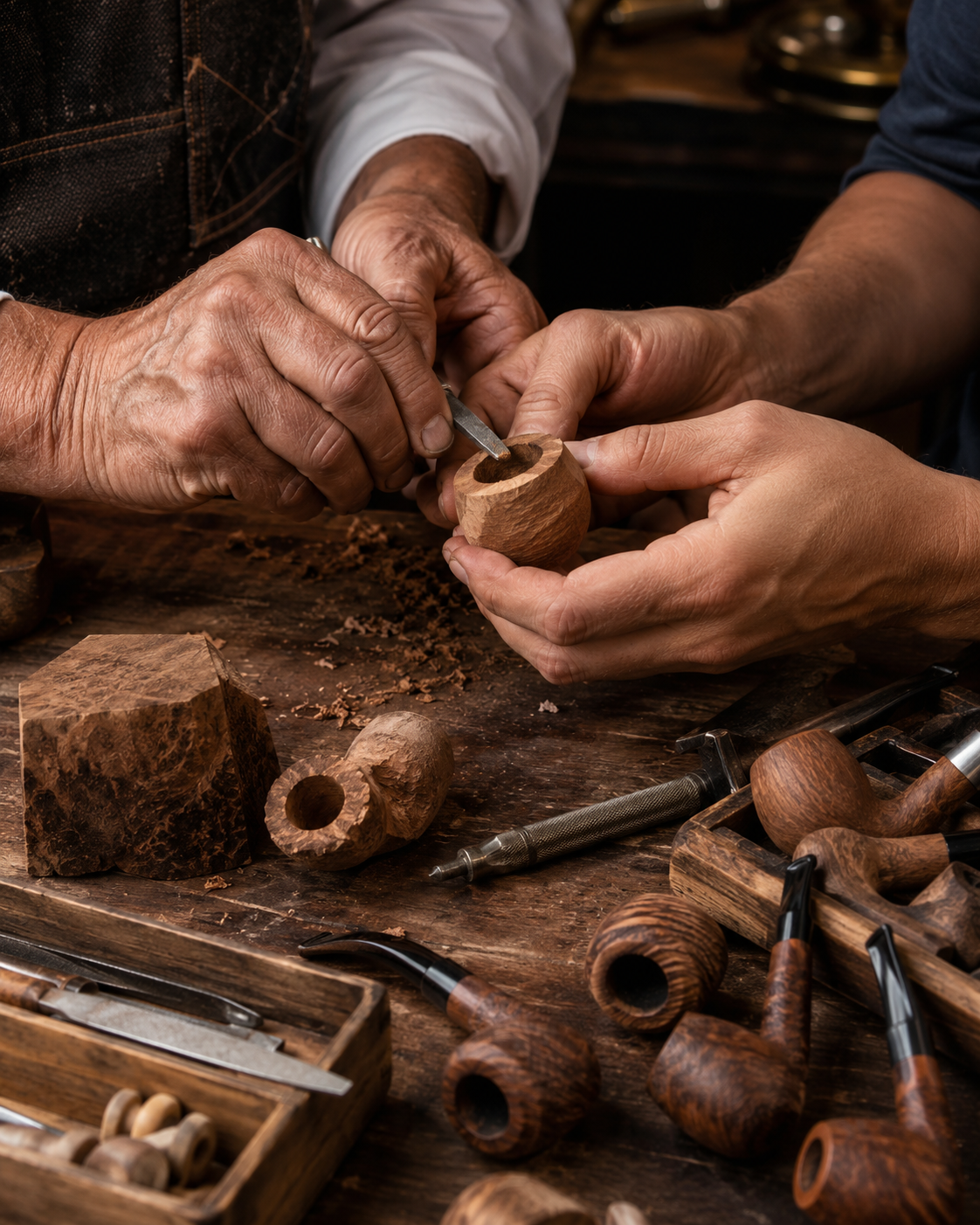 Hands and tools on a workbench