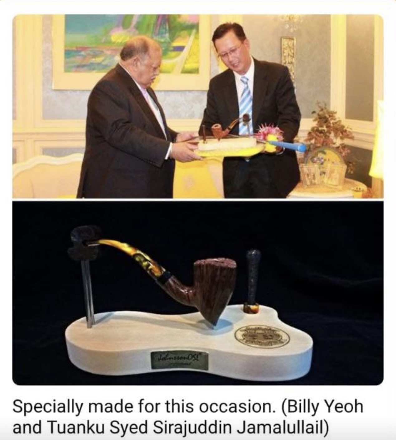 A specially made Johnsson pipe presented during a formal Malaysian royal occasion
